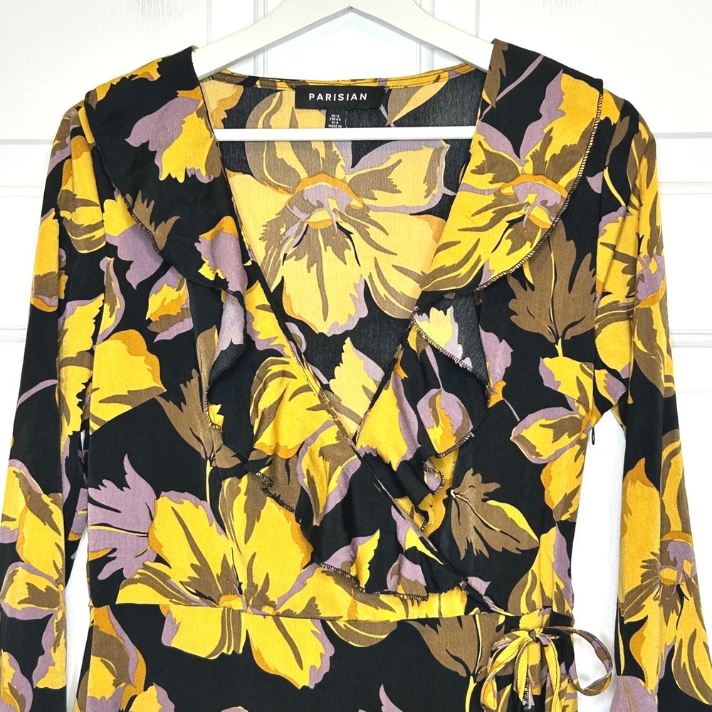 PARISIAN Women Floral Print Faux Wrap Ruffle Long Sleeve Mini Dress Size 8 - Picture 4 of 8
